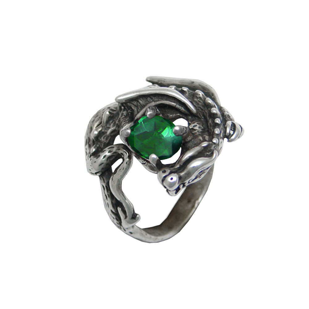 Sterling Silver Detailed Dragon Ring With Forest Green Quartz Size 7